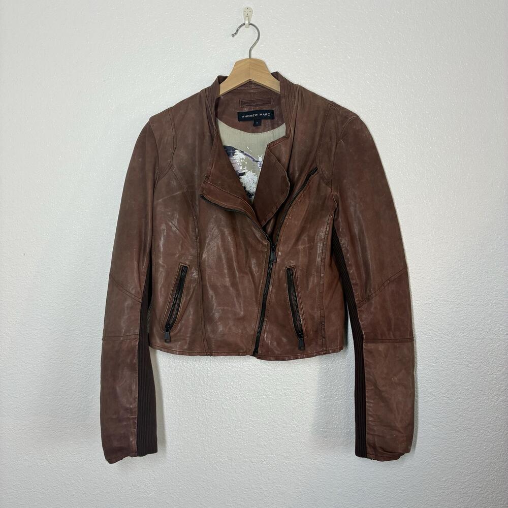 Andrew Marc Jacket Womens Medium Brown Leather Moto Butterfly Lining AWSYX2003